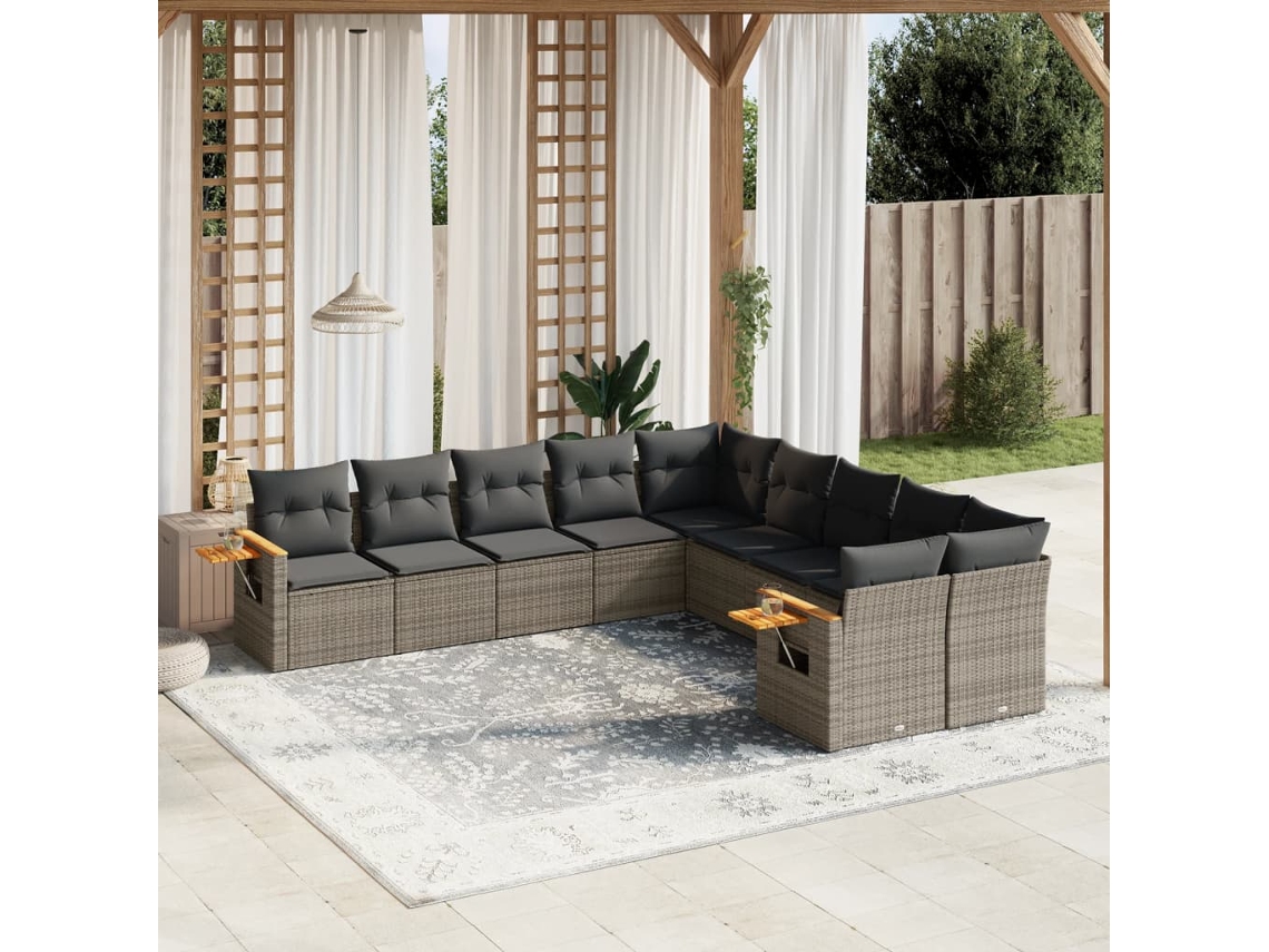 10 Pcs Conjunto Sofás De Jardim C/ Almofadões Vime Pe Cinza Dkd Home Decor