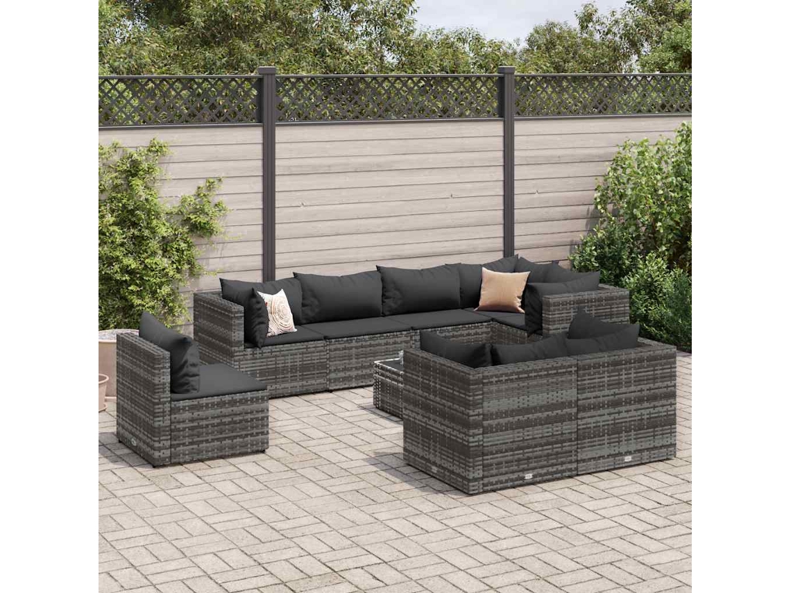 Vidaxl 9 Pcs Conjunto Lounge De Jardim C/ Almofadões Vime Pe Cinzento