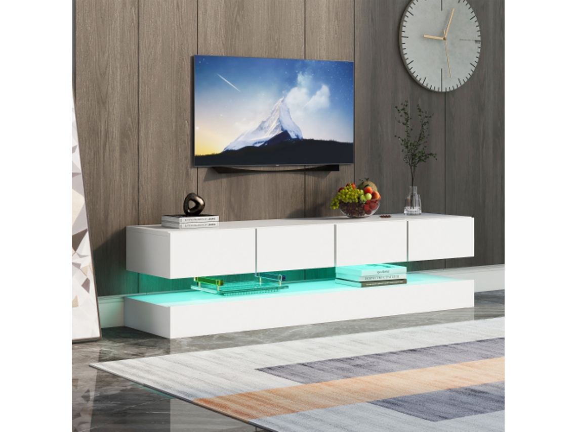 Móvel baixo para TV LED, Armário de parede para TV, Suporte para TV, Móvel para TV com 2 armários e 4 gavetas grandes, Armário de parede com iluminação.