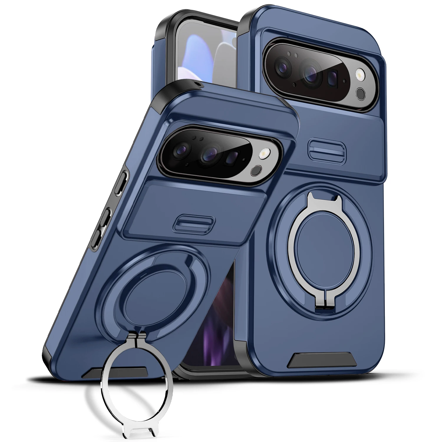 Capa Rígida À Prova De Choque Com Suporte De Anel Para Celular (google Pixel 8a Azul) E Abertura Por Pressão.