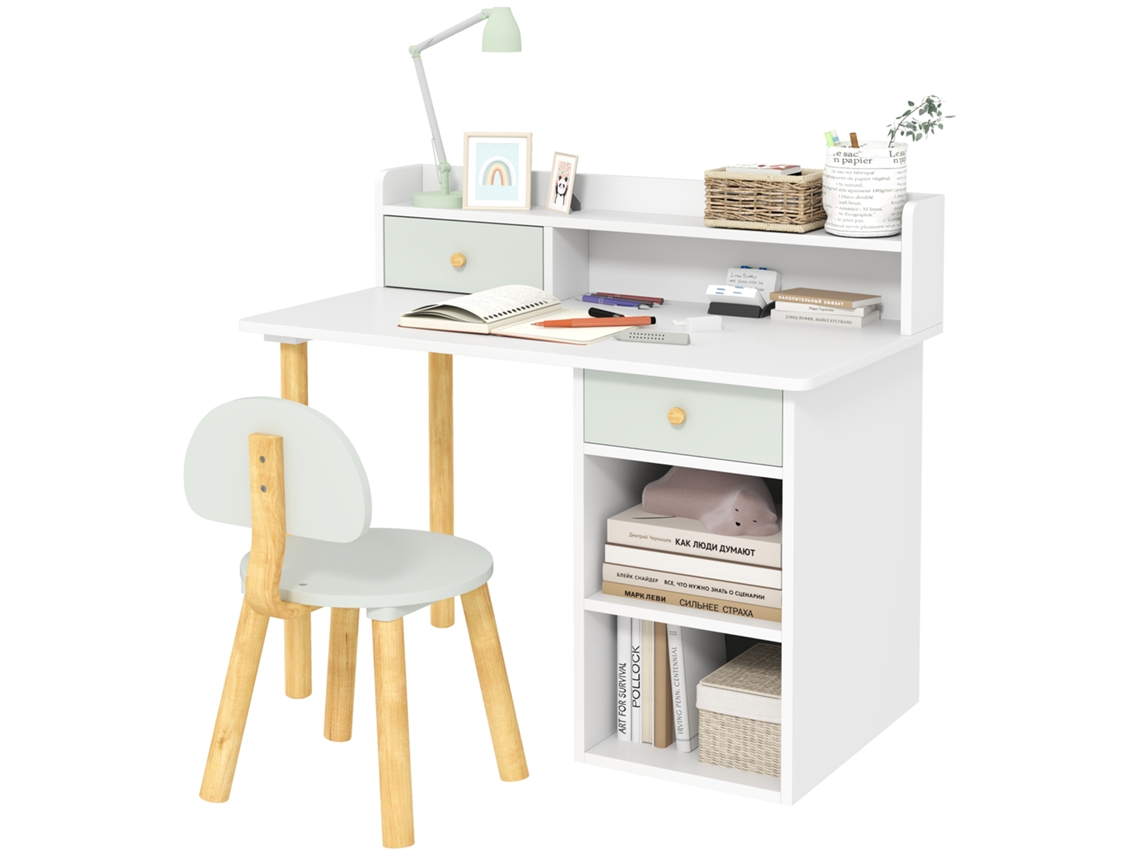 Mesa infantil com cadeira e gavetas, estante e compartimento, verde claro e branco BTFORUS