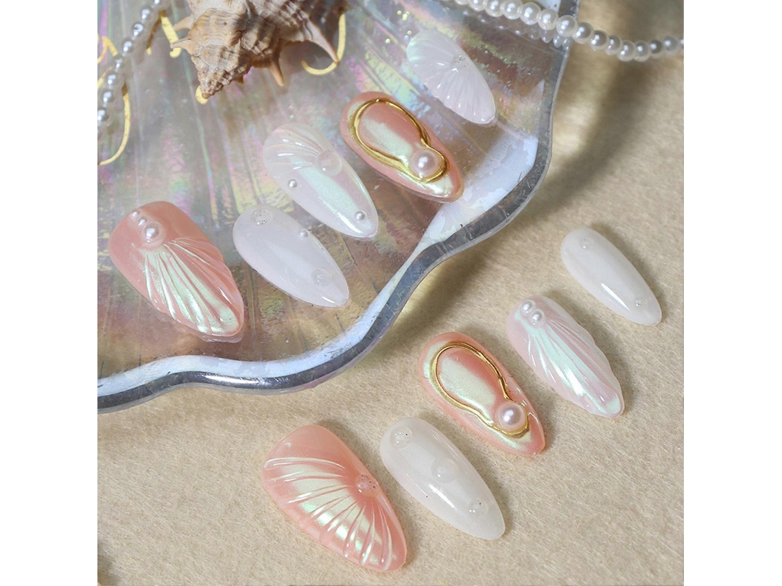 Unhas Postiças Com Decoração De Pérolas Brancas E Conchas, Feitas À Mão, Para Decoração De Unhas Diy. Nostalgia88