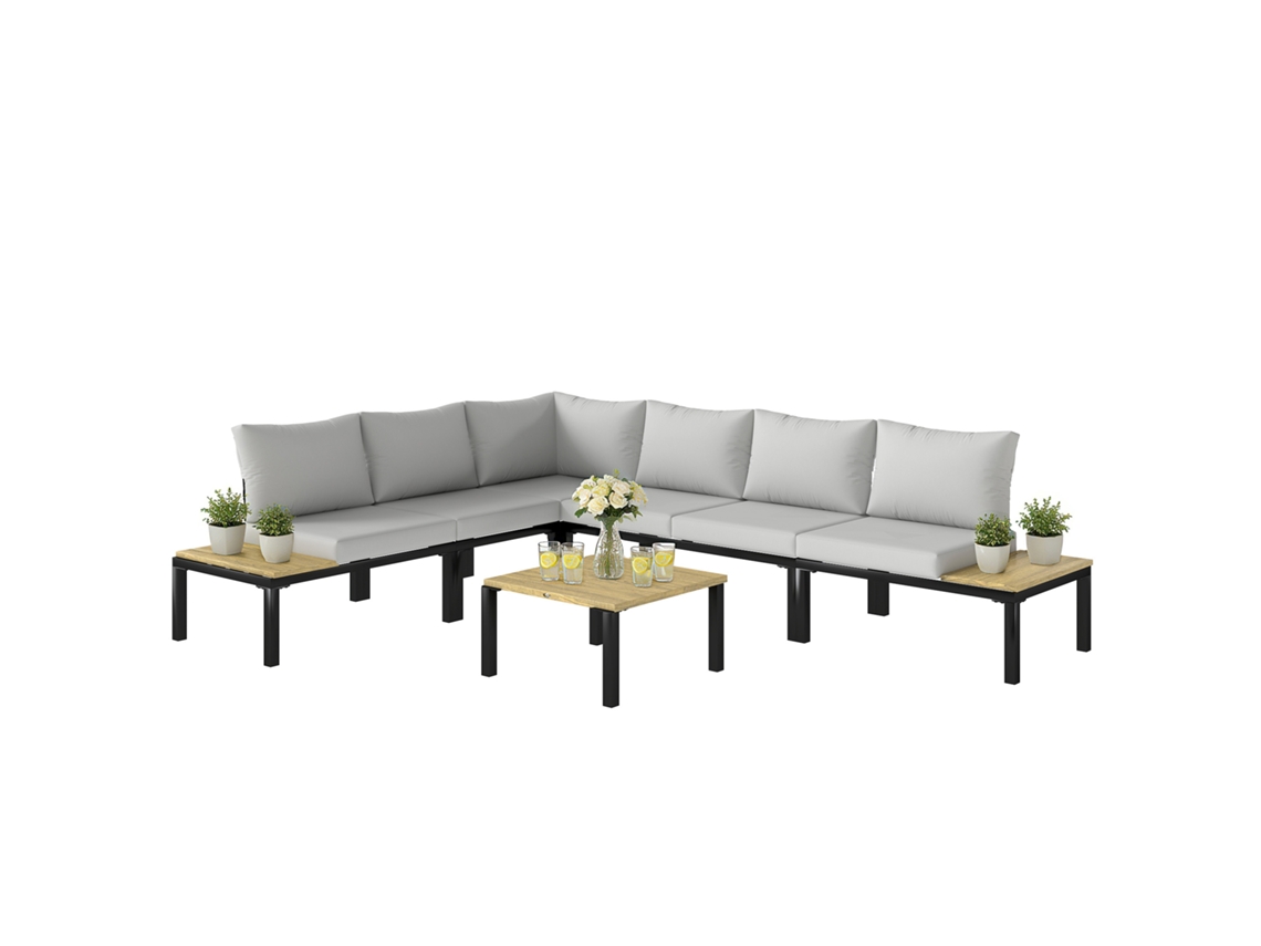Sofá Modular 4 Peças Com Pufe E Almofadas, Tecido Efeito Chenille, 313x149x88 Cm, Creme Branco