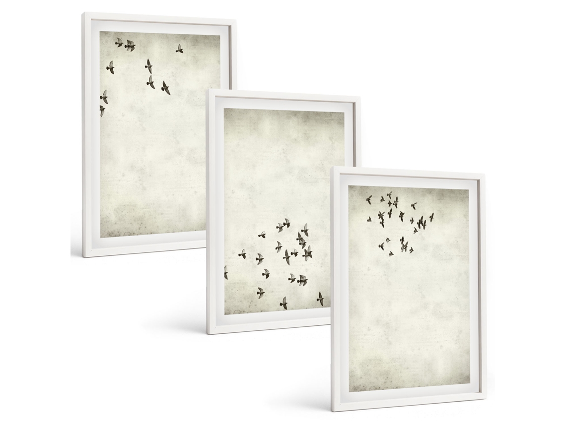 Pinturas Murais Modernas Pintura Minimalista De Pássaros Moldura Branca Quadros Para A Sala De Estar Espelharte (3 Piezas De 40x60 Cm)