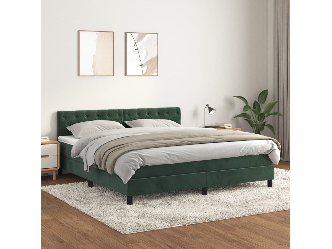 Cama Com Molas/colchão 160x200 Cm Veludo Verde-escuro