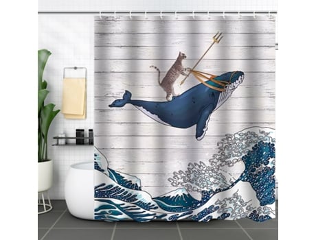 Cortina De Chuveiro Divertida Em Formato De Gato Com Estampa De Baleia No Oceano, Design Vintage De Ondas E Tecido Oriental Vintage. Qjh