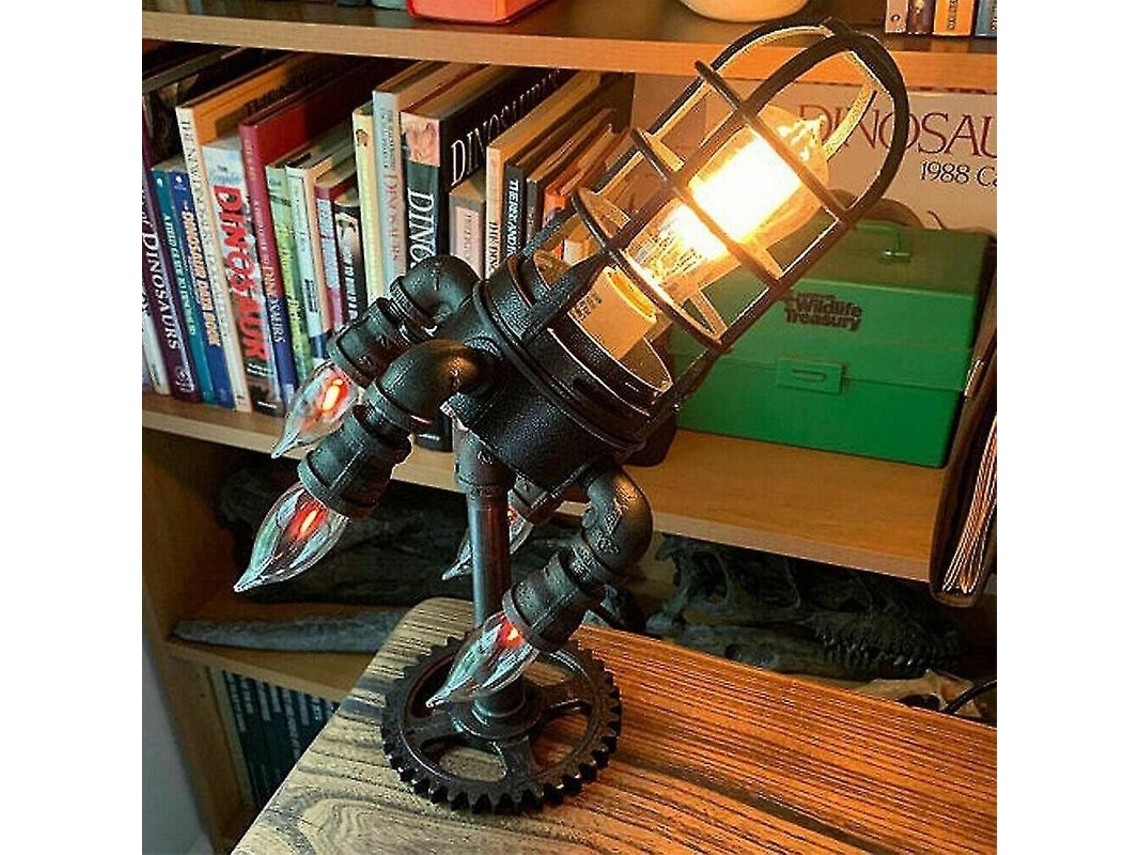 Lâmpada De Mesa Retrô Industrial Nave Espacial Steampunk Decorativa Metal Prata 2025