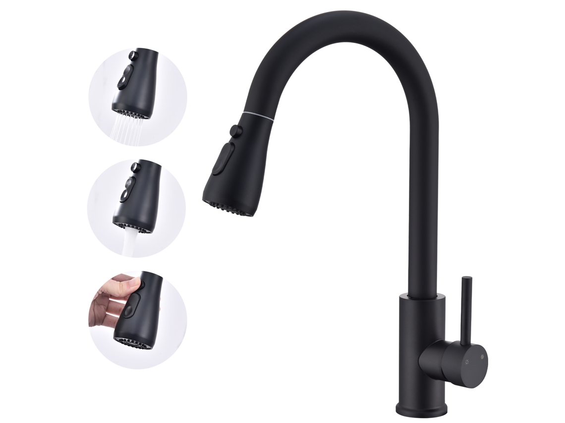 Torneira de cozinha HOMELODY preta em aço inoxidável, com bica extraível, rotação de 360° e 3 modos de jato