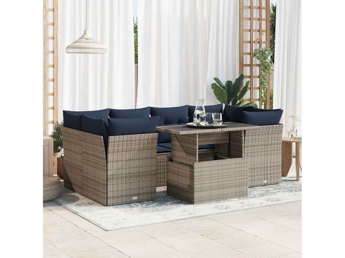 Vidaxl 7 Pcs Conjunto Sofás Jardim Almofadões Vime Pe/acácia Cinzento