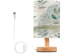 Abajur De Cabeceira Led Com Estampa Folha Verde, Ideal Para Quarto, Leitura Com Cúpula De Tecido, Base De Madeira E