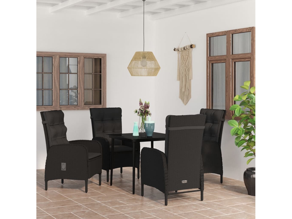 Vidaxl 5 Pcs Conjunto De Jantar P/ Jardim C/ Almofadões Preto