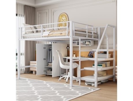 Cama Alta Multifuncional Roupa Prateleiras Escada Armazenamento Pangshiyaun Metal Branco (160x255x145cm)