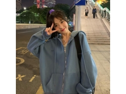 Jaqueta Com Capuz Feminina De Lã E Poliéster, Manga Longa, Gola V, Estilo Streetwear Para Primavera/outono Ea01113-blue