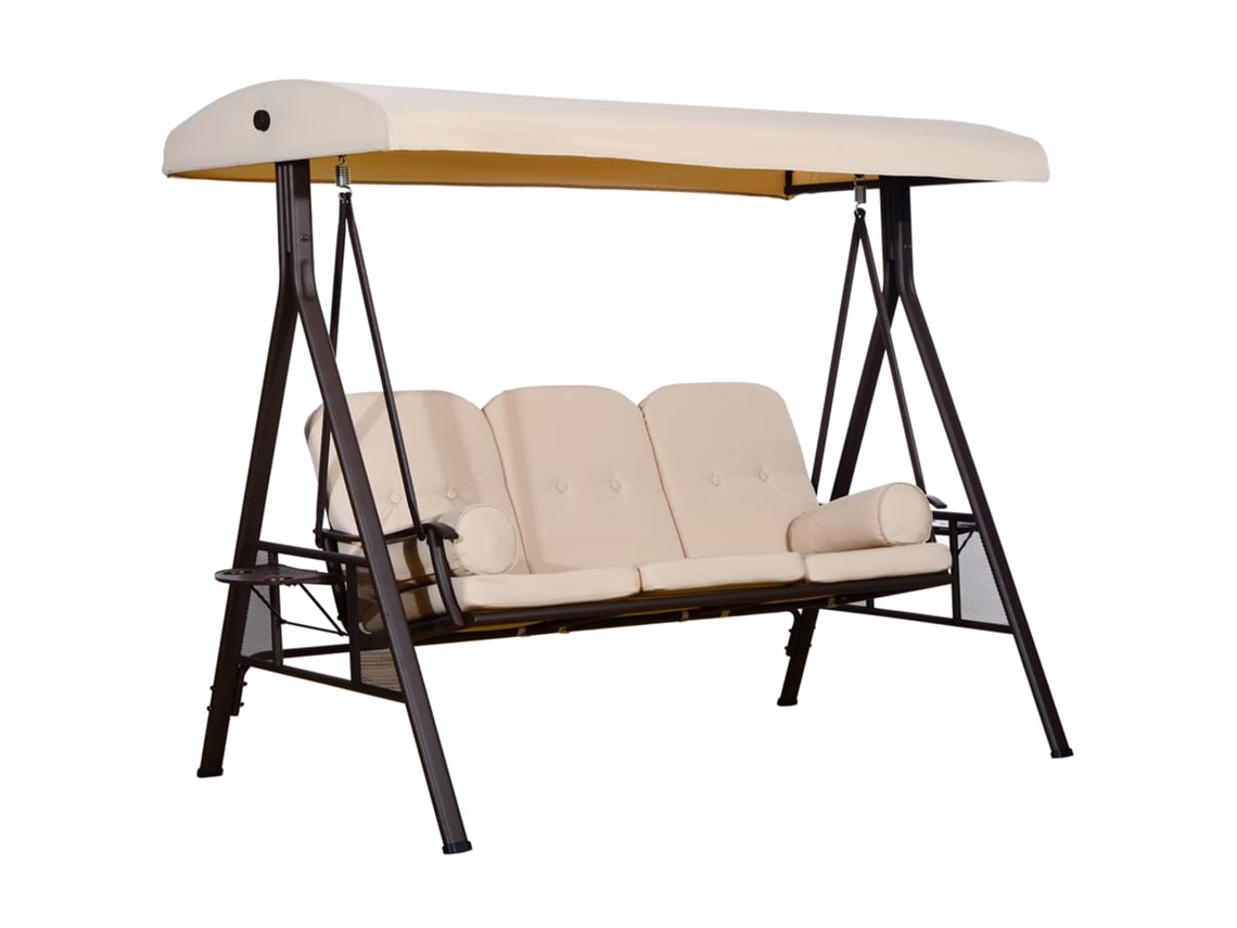 Balanço para 3 Lugares com Teto Ajustável, Porta copos e Almofadas, Metal e Poliéster, 208x121x172 Cm, Bege