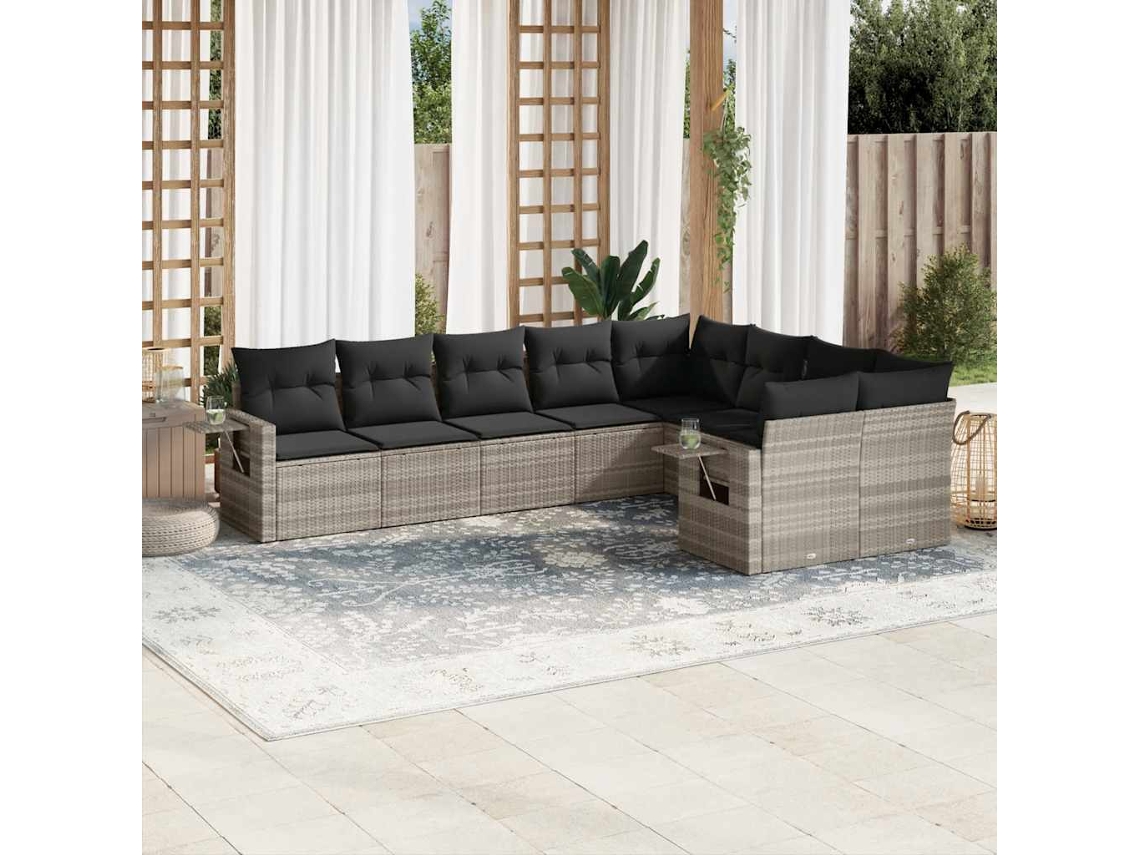 Vidaxl 9 Pcs Conj. Sofás Jardim Com Almofadões Vime Pe Cinzento-claro