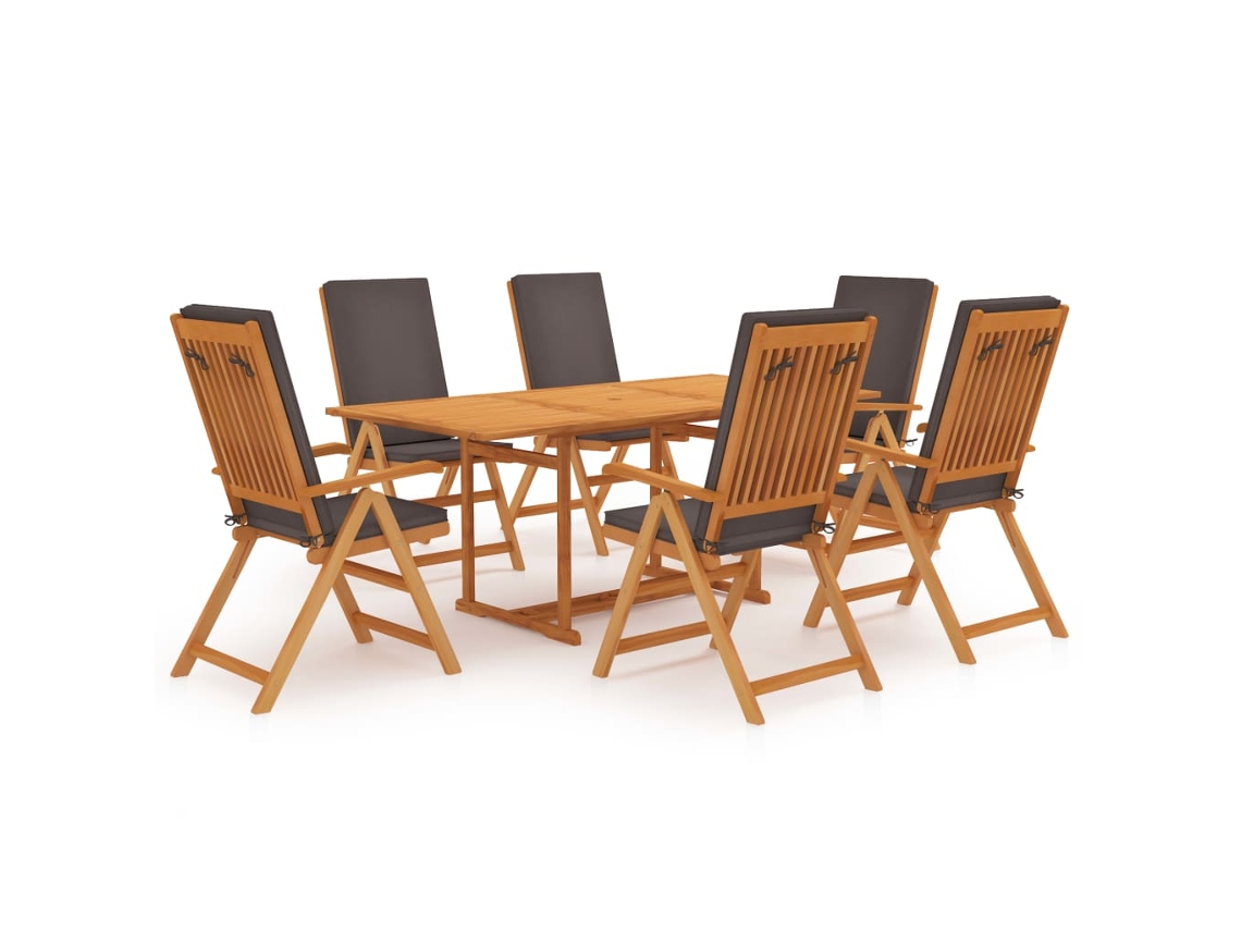 Vidaxl 7 Pcs Conjunto Jantar Jardim + Almofadões Cinzentos Teca Maciça