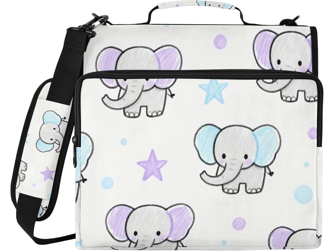 Bolsa Organizadora Documentos Com Elefantes Roxos Fofos De 3, 8cm, 3 Argolas Com Alça, Grande Capacidade, Ideal