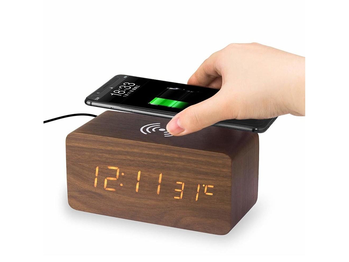 Despertador digital LED Brilvibera com carregamento sem fio, marrom