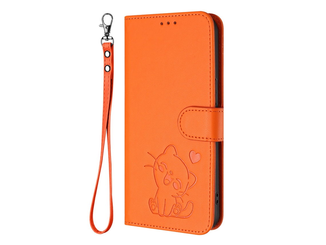 Capa De Celular Flip Compartimento Para Cartão Em Relevo.cor Laranja Com Cordão Combinando, Tela Curva Moto Edge60 Fusion/moto Edge 5g 2025.