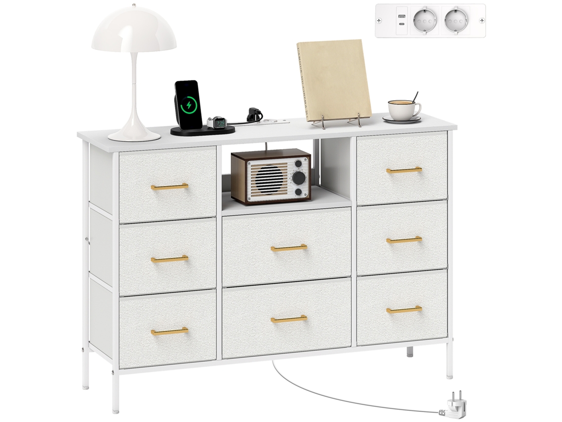 Cômoda com 8 Gavetas, Régua de Energia, Aço, para Quarto, Sala, Escritório, Branco Creme | S/MARCA