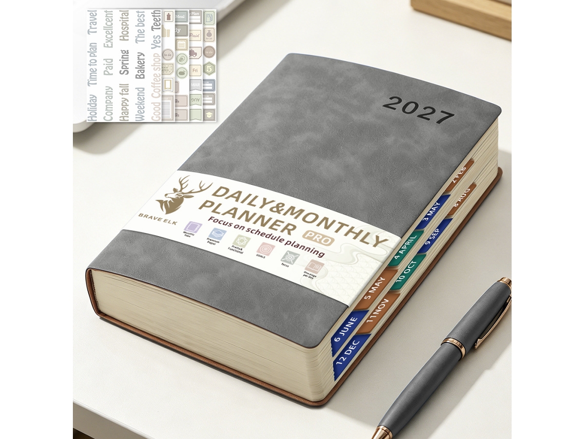 2027 A5 Daily Planner English Spanish One Day Per Page Time Management Notebook Edge Cut 160-sheets Gray With Planning