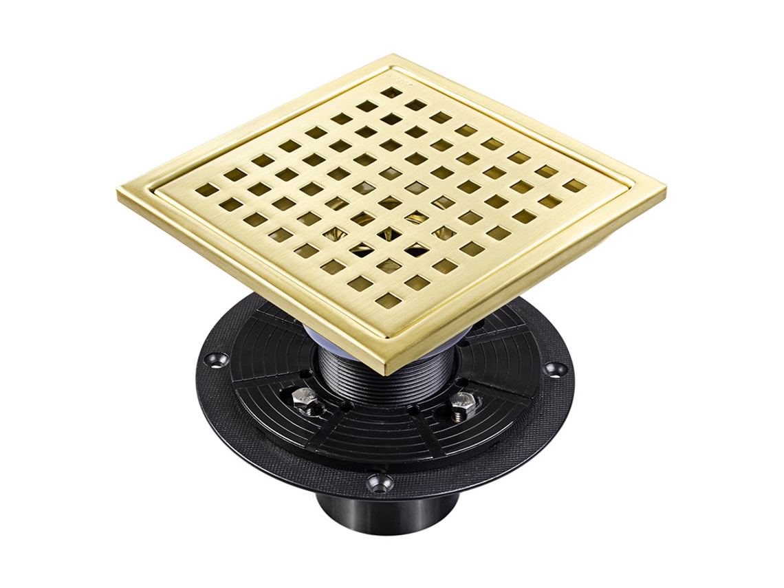 Ralo de Piso Quadrado de 4 Polegadas para Chuveiro, com Flange de Base Ajustável, em Aço Inoxidável Sus 304, Acabamento Dourado Escovado. AQUAFORGE
