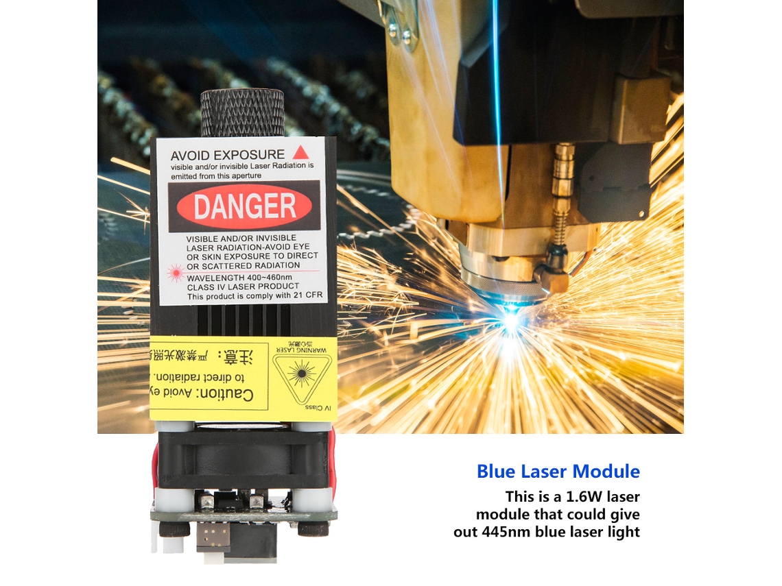 Laser azul Laxiscreed 445nm 1.6w com foco, controle TTL PWM e fonte integrada para rotadores DIY