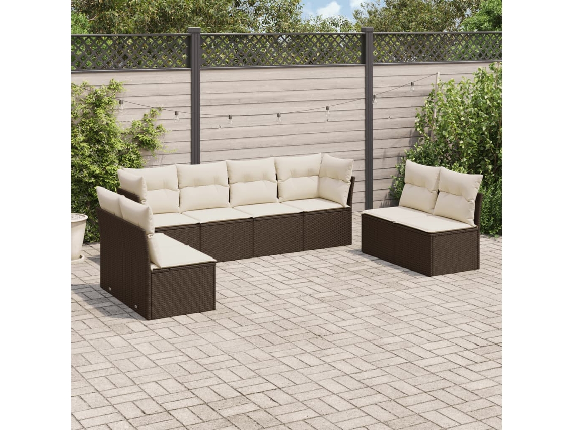 Vidaxl 8 Pcs Conjunto Sofás De Jardim C/ Almofadões Vime Pe Castanho