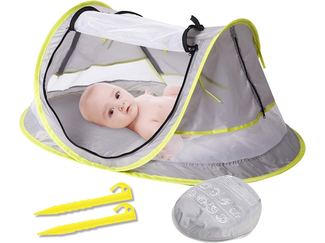 Tenda Portátil de Praia para Bebês Upf 50+ Protetor Solar Rede Mosquiteira Infantil e Guarda-Sol para Berço Cama de Viagem com 2 Pinos Leve 