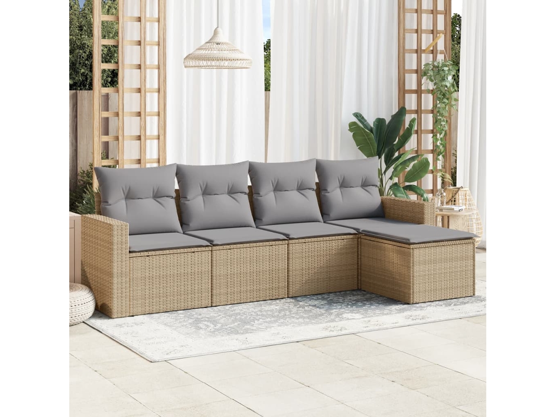 Vidaxl 5 Pcs Conjunto De Sofás P/ Jardim Com Almofadões Vime Pe Bege