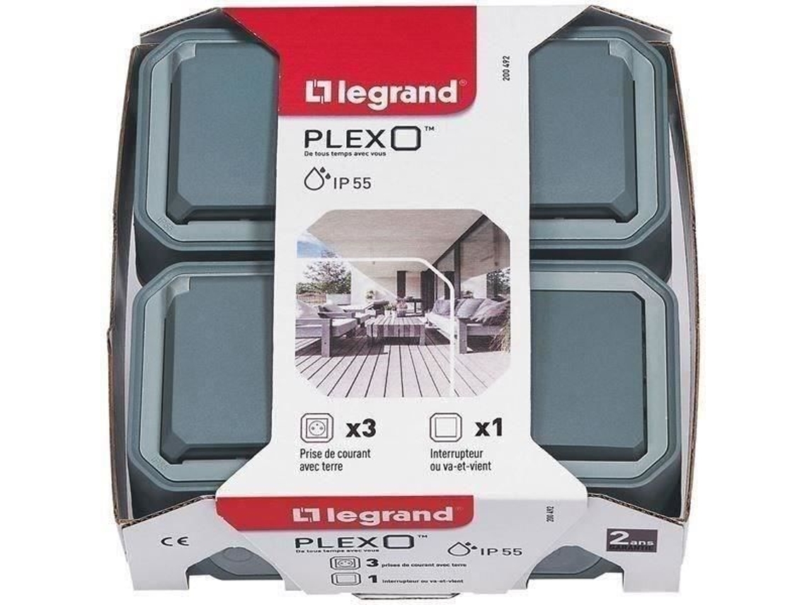 Conjunto De 1 Interruptor Ou Interruptor Bidirecional E 3 Tomadas À Prova Dágua Plexo Cinza Legrand