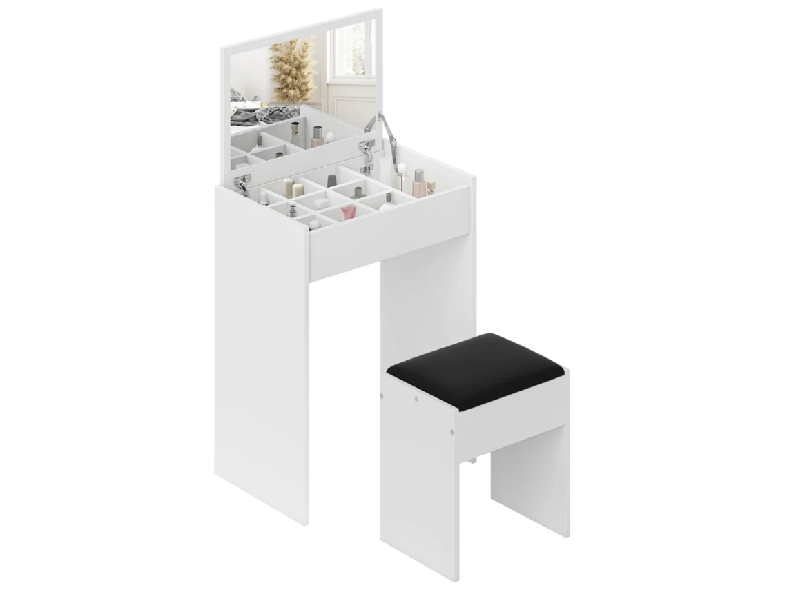 Penteadeira com Espelho Dobrável, Estilo Moderno, Banqueta, 10 Compartimentos, MDF, Branco VELTUS TRADE