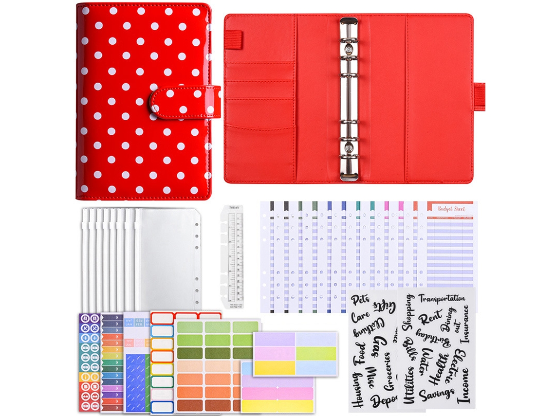 A6 Polka Dot Loose Leaf Cash Budget Planner Binder Red Deluxe Bundle 12-budget Cards, 8-zipper Pouches, 2-word Stickers