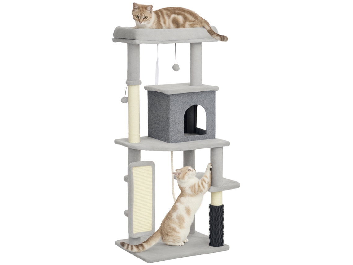 Arranhador para gatos de 132 cm com plataformas, postes, escova, bolas suspensas e almofadas cinza S/MARCA