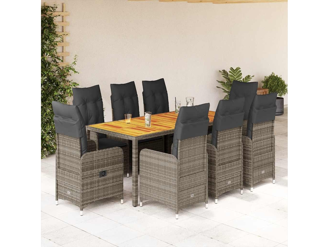 Vidaxl 9 Pcs Conjunto Bistrô De Jardim C/ Almofadões Vime Pe Cinzento
