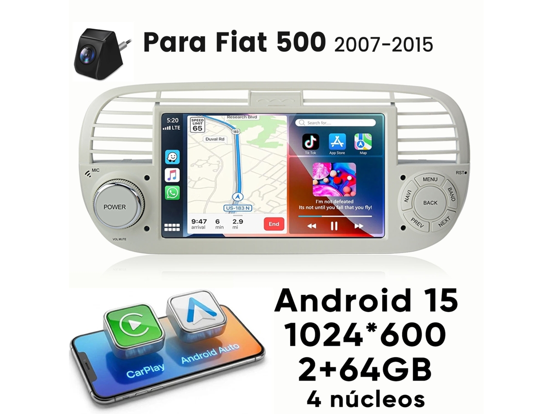 Rádio Carro 7" para Fiat 500 com Android 15, 4 Núcleos, Sem Fios, Carplay e GPS JUNSUN