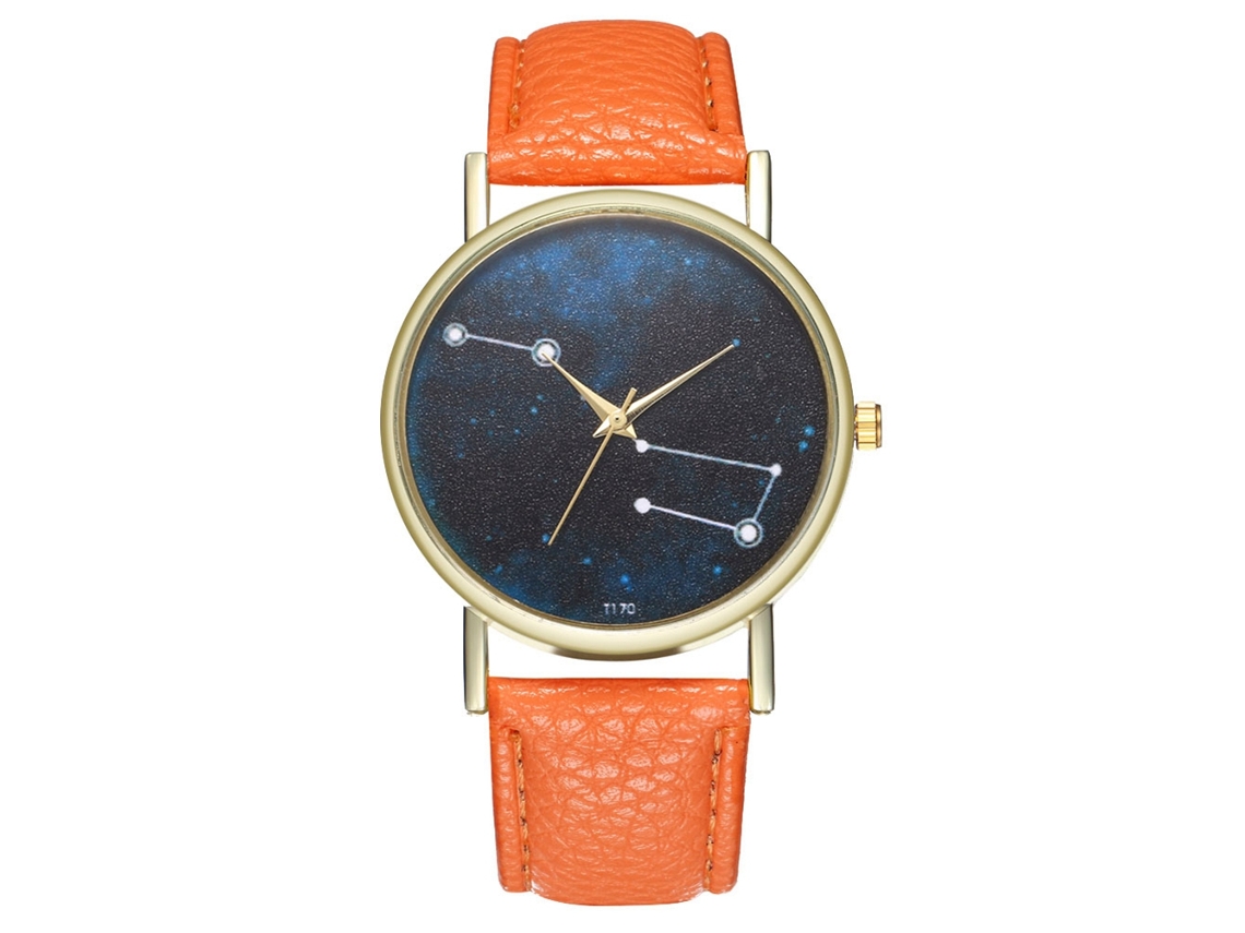 Reloj De Pulsera Unisex De Cuarzo Con Correa De Cuero Pu Dial Redondo Color Naranja Zhoulianfa