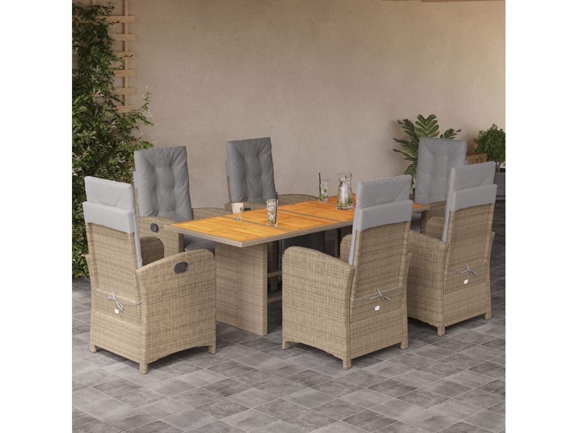 Vidaxl 7 Pcs Conjunto De Jantar P/ Jardim Com Almofadões Vime Pe Bege