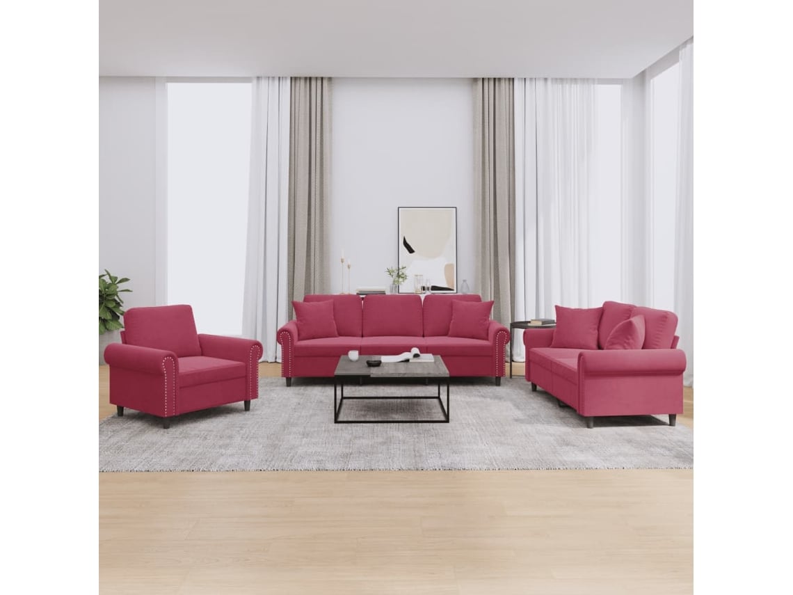 3 Pcs Conjunto De Sofás Com Almofadas Veludo Vermelho-tinto