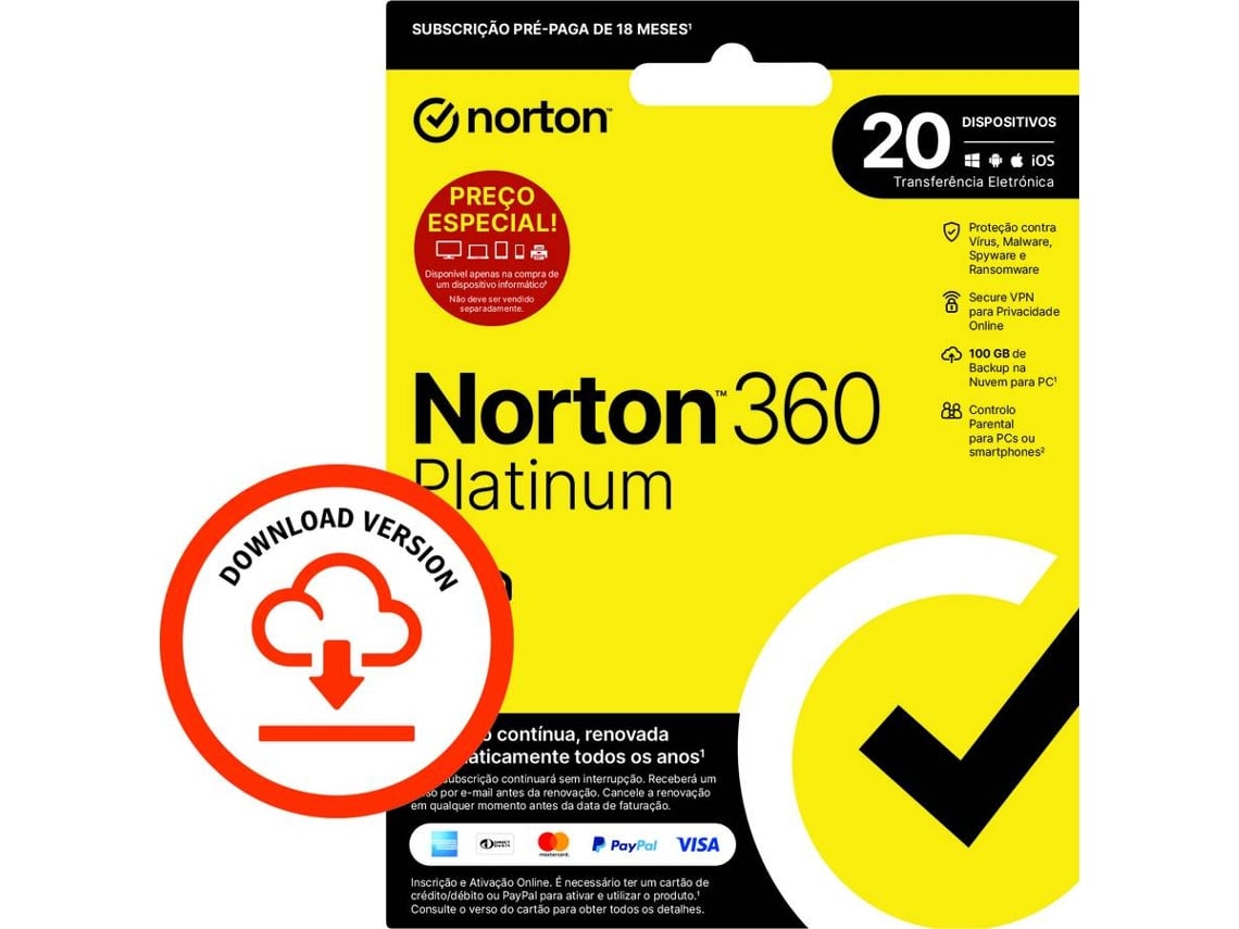 Software NORTON 360 Platinum (20 Dispositivos - 18 meses - Smartphone, PC e Tablet - Formato Digital)