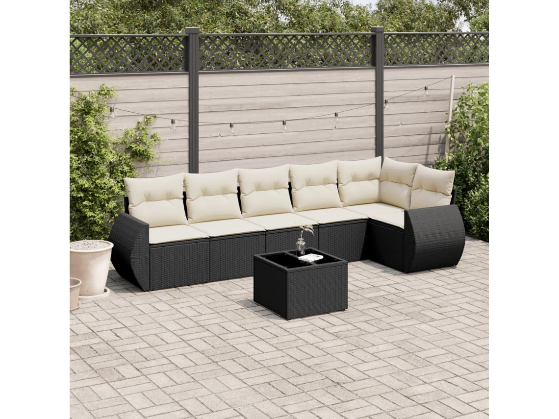 Vidaxl 7 Pcs Conjunto De Sofás P/ Jardim C/ Almofadões Vime Pe Preto