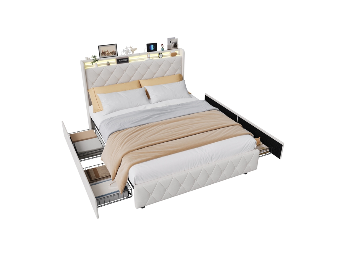 Cama Casal 160x200 Com 4 Gavetas, Ripas, Iluminação Led E Portas Usb, Bege Mexus