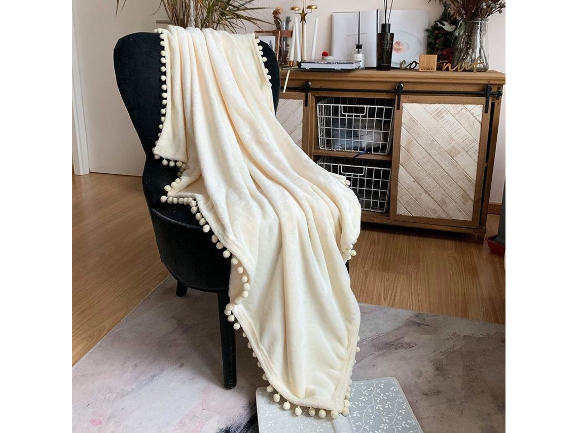 2026 manta Flannel Leve e Macia com Frunços de Pompom Ideal para Sofá cama Estação Ivory 51x59 Polegadas