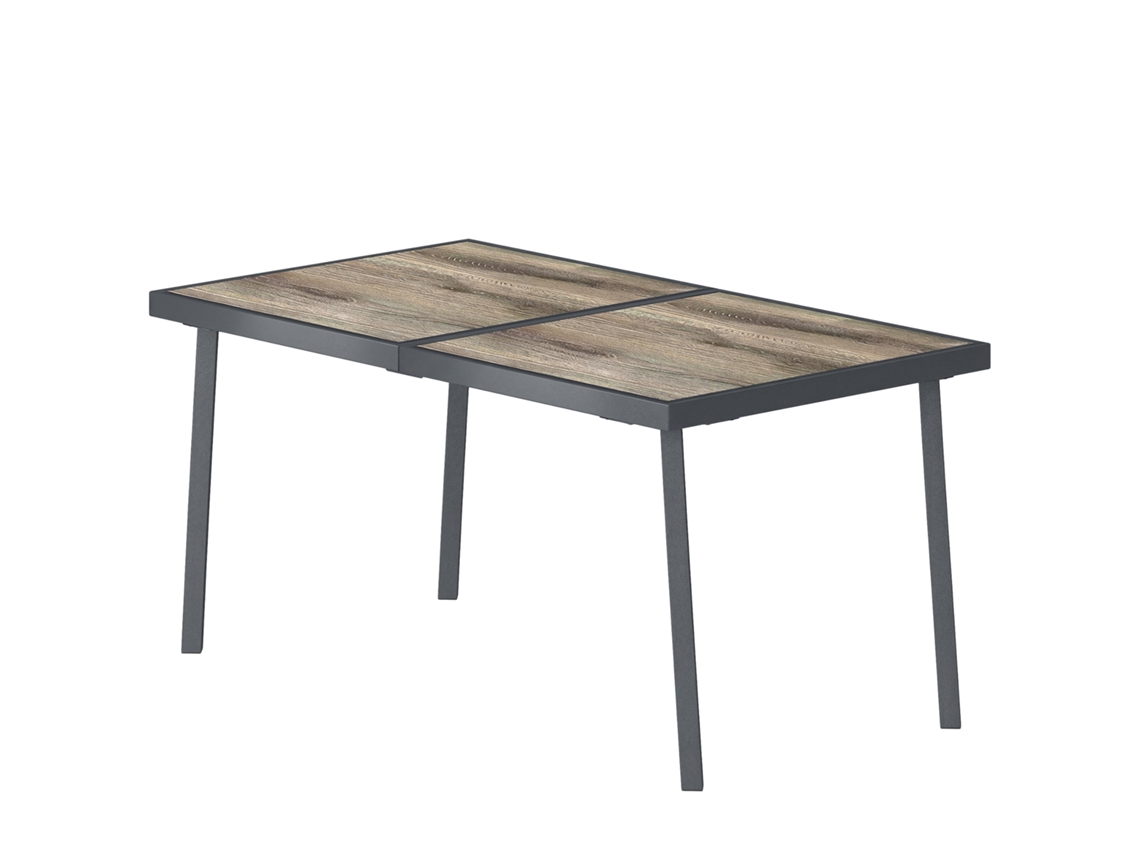 Mesa De Cm. Jardim Retangular Para 6 Pessoas Com Tampo De Efeito Madeira. Aço E Pspc. 145x85x72 Cinza