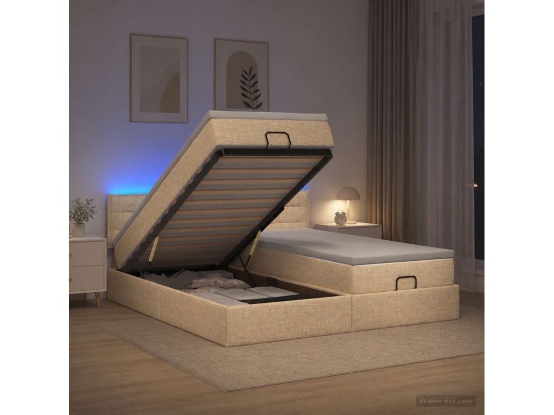 Vidaxl Cama Ottoman Com Colchão E Led Creme 180 X 200 Cm Tecido