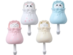 Conjunto de 4 Ganchos Autoadesivos Infantis em Formato Gato para Toalhas e Decoração Parede com Animais BRILVIBERA