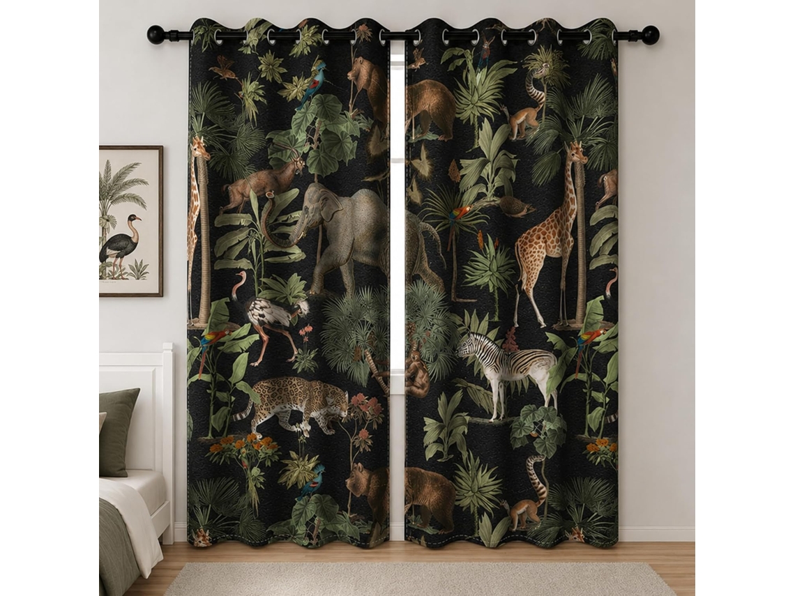 Cortinas Yongfoto Safari Jungle, Animais Selvagens Tropicais, Elefante, Girafa, Zoológico Blackout