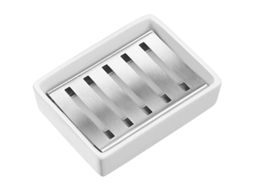 Saboneteira Fasst em cerâmica e aço inoxidável, com bandeja dupla para banheiro e chuveiro, design elegante e fácil de limpar.