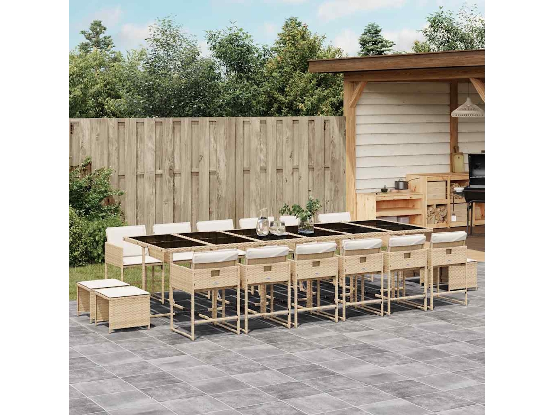 Vidaxl 17 Pcs Conjunto De Jantar P/ Jardim C/ Almofadões Vime Pe Bege