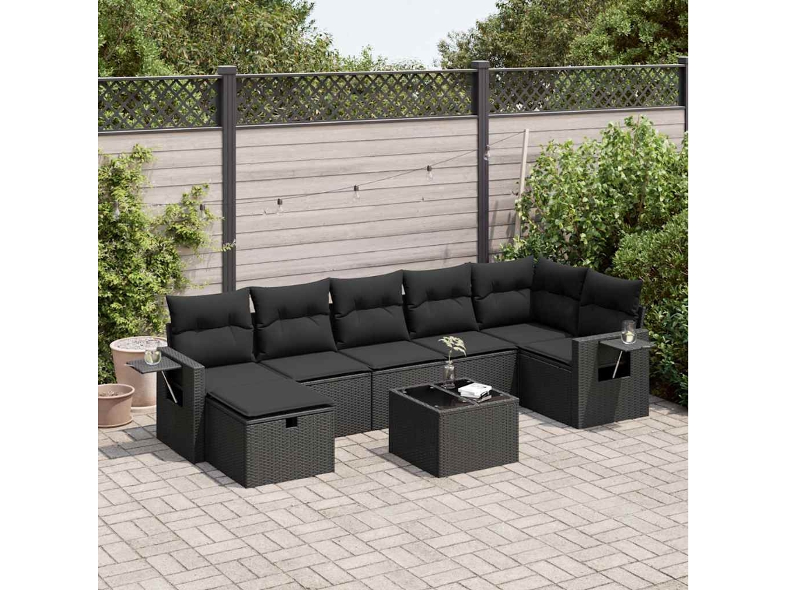 Vidaxl 8 Pcs Conjunto Sofás De Jardim Com Almofadões Vime Pe Preto